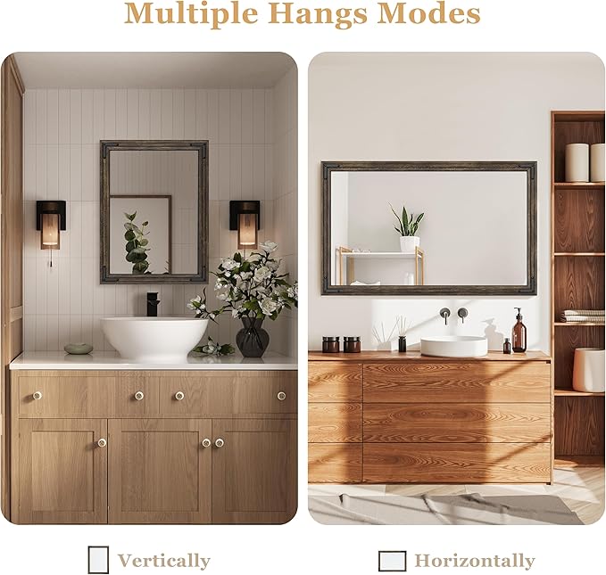 YOSHOOT Farmhouse Bathroom Mirror, Rustic Wood Mirror, Wooden Framed Vanity - Image 5