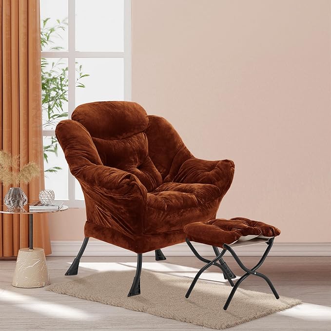 Lazy Chair with Folding Ottoman, Accent Chair Plush Upholstered with Metal - Image 2