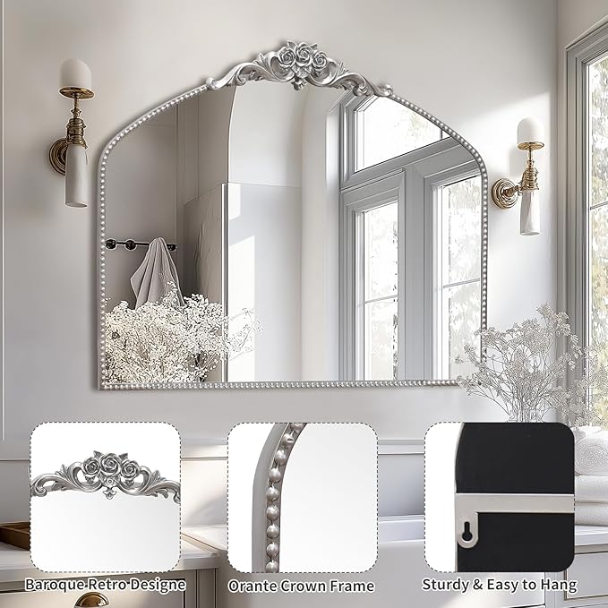 AIXI HOME Silver Arched Mirror, Baroque Wall Mounted Mirror - Image 5