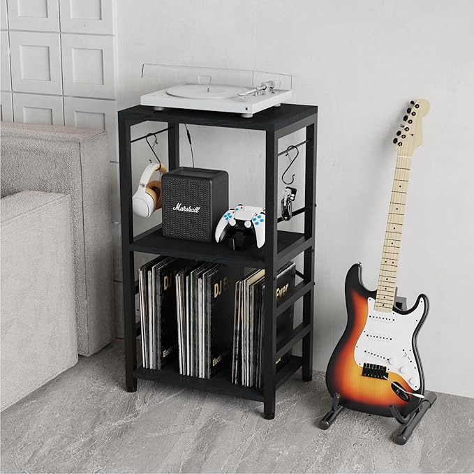 End Table with LED Light, Record Player Stand with Albums Storage, Vinyl - Image 2