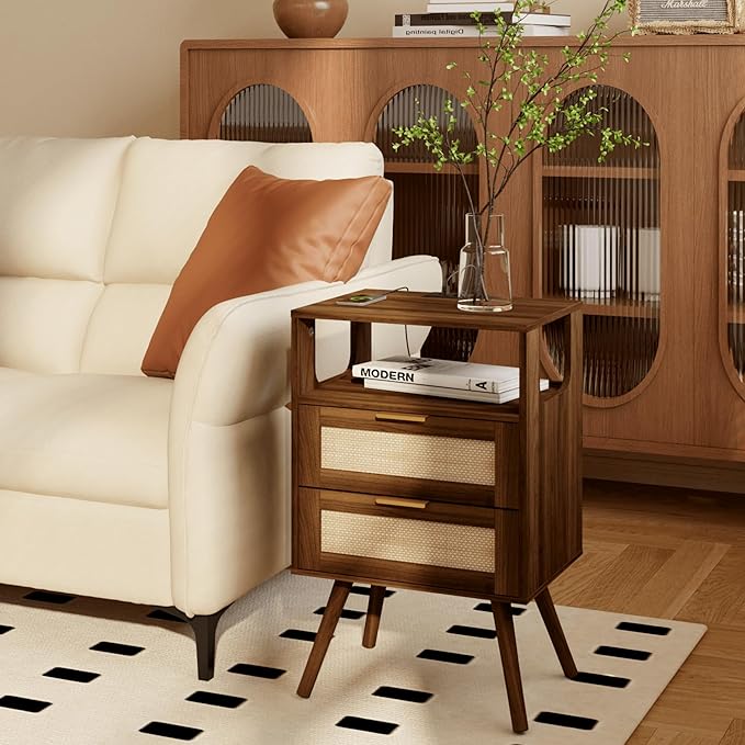 Rattan Nightstand with Charging Station, Farmhouse Bedside Table with 2 Storage - Image 8