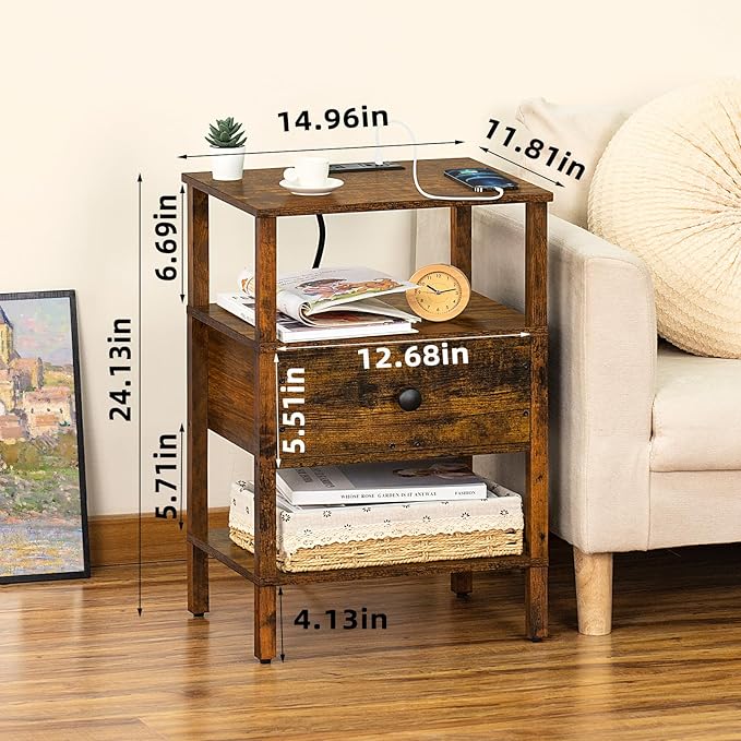 Lerliuo Nightstand with Charging Station and USB Ports, 3-Tier Storage End - Image 3