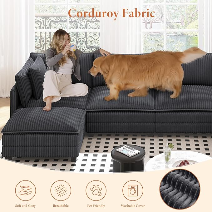 Vesgantti 109" L Shaped Cloud Sectional Couch, Comfy Corduroy Upholstered - Image 6