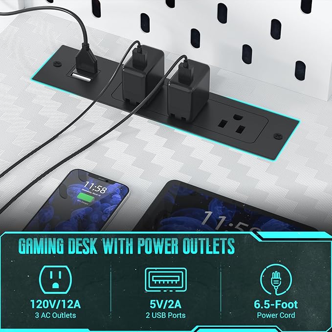 Gaming Desk with Hutch and LED Lights, Gaming Computer Desk with Power Outlets - Image 7