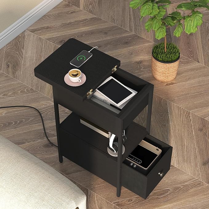 SOOWERY End Table with Charging Station, Narrow Side Table with Flip Top - Image 4