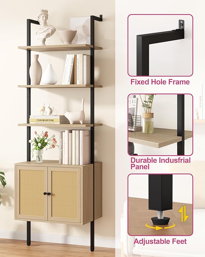 Yusong 73" Tall Bookshelf with Cabinet, Industrial Ladder Wall Mount Shelf - Image 5