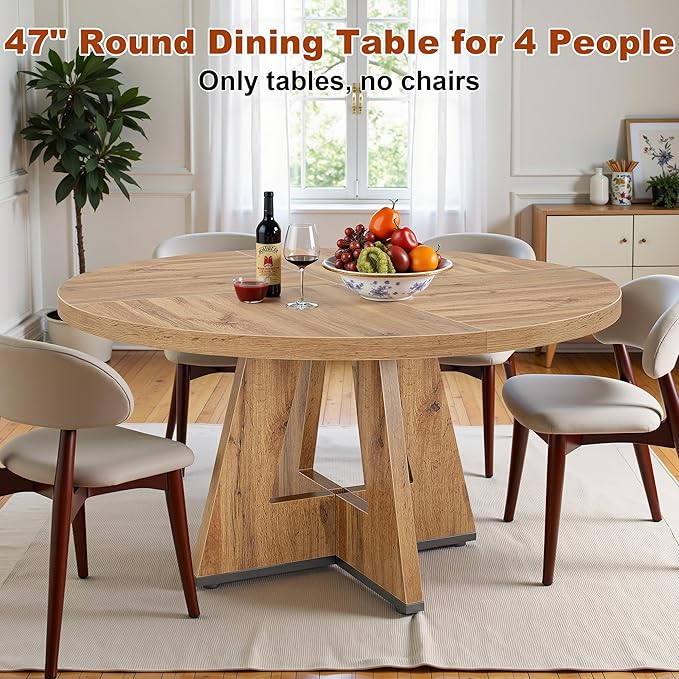 Round Dining Table for 4, 47 Inch Dinner Table Farmhouse Wooden Circle Kitchen - Image 3