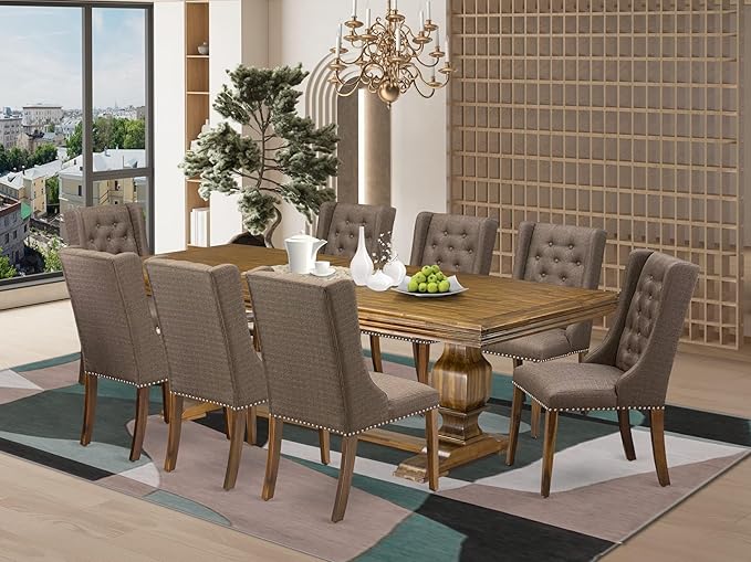 NKFO9-AWA-18-9-Piece Kitchen Set Consists of a Dinner Table and 8 Brown Linen by LuxebyEastWestFurniture