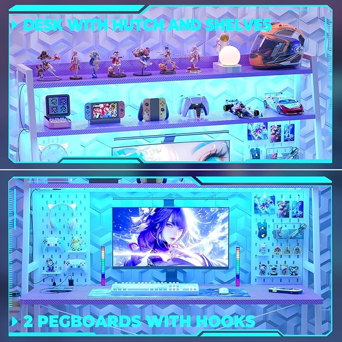 Gaming Desk with Hutch and LED Lights, Gaming Computer Desk with Power Outlets - Image 5