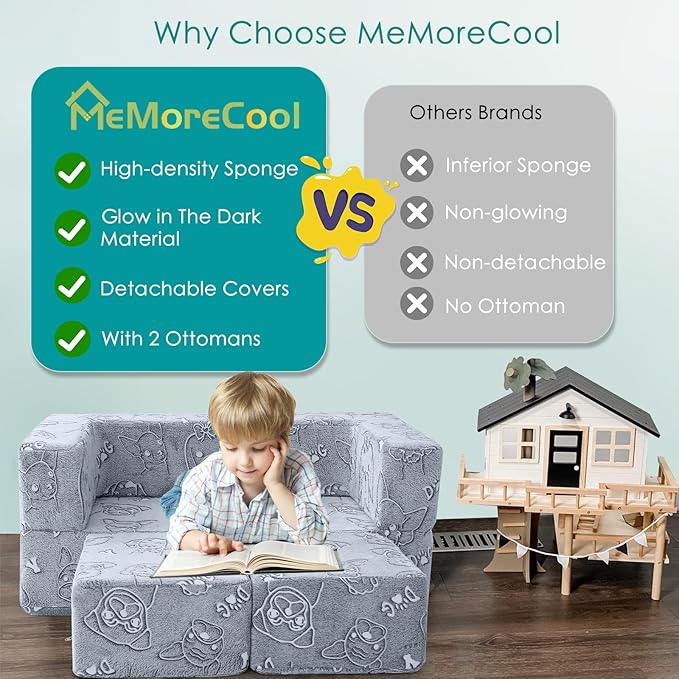 MeMoreCool Kids Sofa Couch, Glow in Dark Toddler Chair Fold Out, Modular Play - Image 3