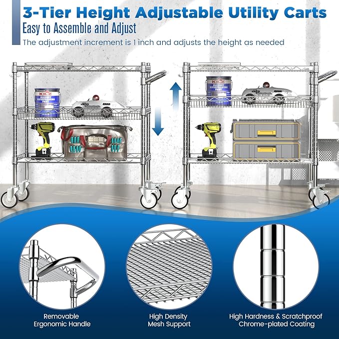 Leteuke Heavy Duty 3 Tier Rolling Utility Cart, NSF Certified 990Lbs Capacity - Image 3