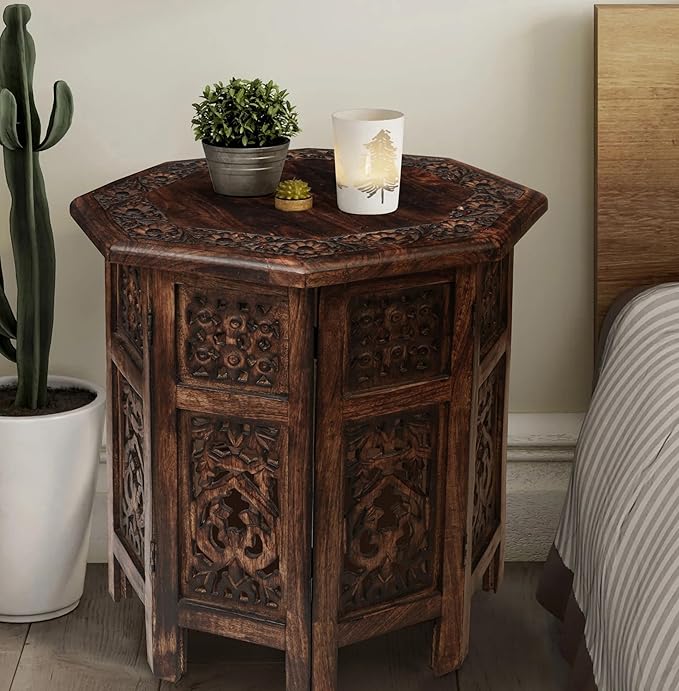 The Wooden Town End Tables for Living Room– Hand Carved Vintage Boho Folding - Image 7