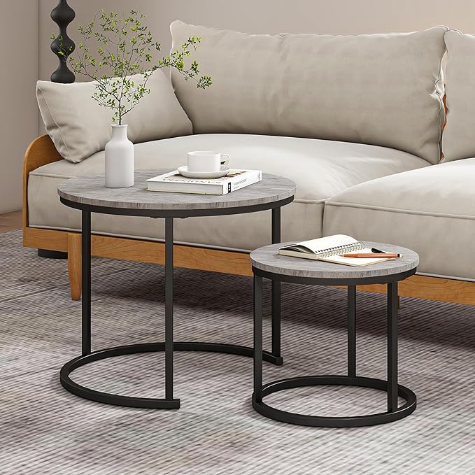 Round Coffee Table Set of 2 for Living Room, Nesting Tables Metal Frame/Wood by Unknown