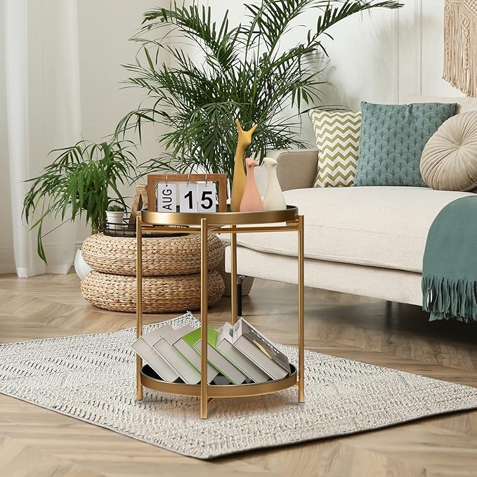 TeoKJ 2 Tier Gold Side Table, Folding Round Metal End Table Small Nightstand - Image 6