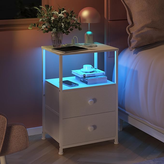 Tohomeor Nightstand with Charging Station LED Light End Table Bedroom Bed Side - Image 6