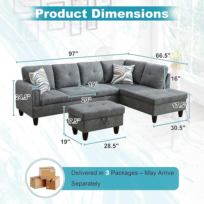 97" Oversized Sectional Couch, L Shaped Couch - Image 2