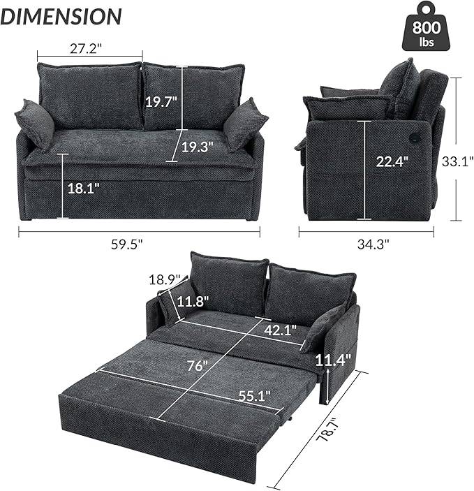 Furnimart 59.5" Queen Size Pull Out Sofa Bed, 3 in 1 Convertible Sleeper Bed - Image 3