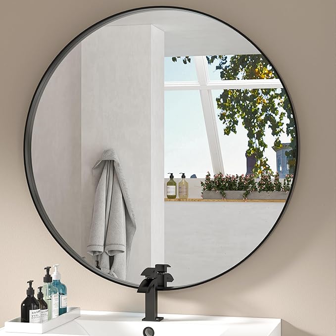 Hasipu Round Black Mirror 32 Inch Round Bathroom Mirror Metal Frame, Wall by Whatssuitableisthebest