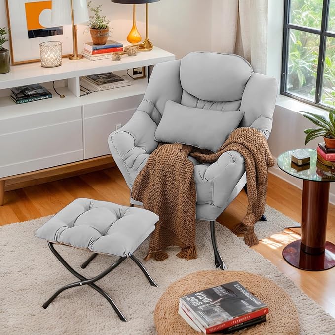 Lazy Chair with Ottoman, Modern Lounge Chair with Lumbar Pillow, Accent Cozy - Image 2