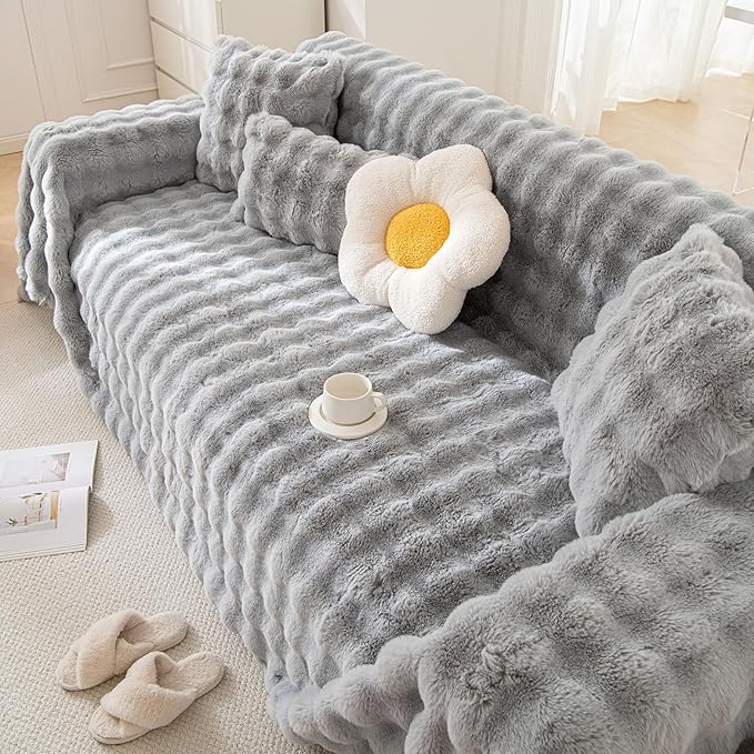 VM VOUGEMARKET Grey Couch Cover 1-Piece Universal Thick Faux Rabbit Fur Sofa - Image 2