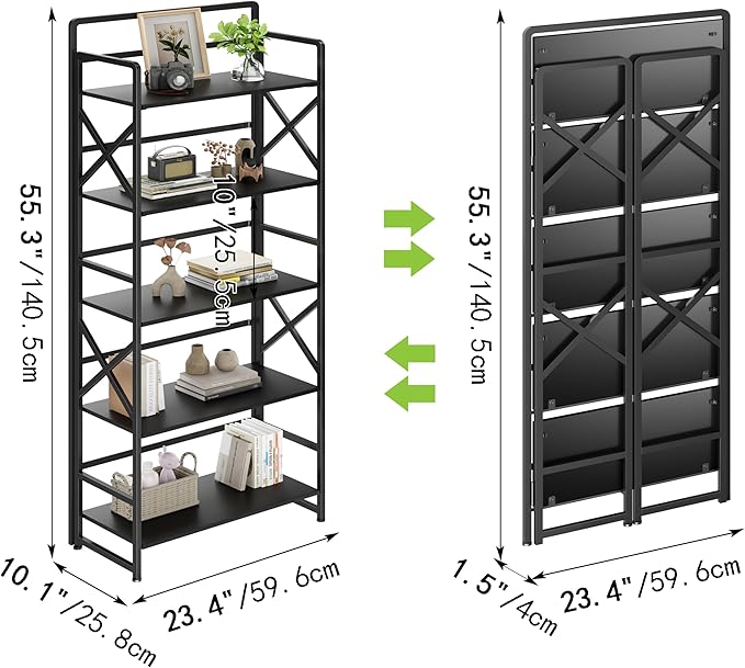 No Assembly Folding Bookshelf, 5 Tiers Vintage Wood Collapsible Book Shelf - Image 3