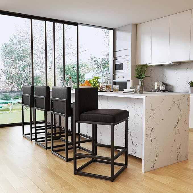Barstools Set of 2 Black Metal Bar Stools Modern Bar Chairs Pu Leather - Image 8