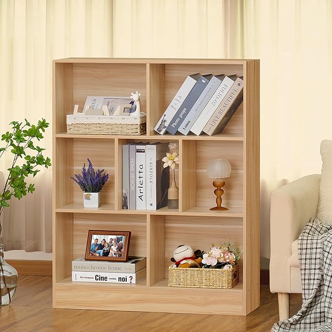 LEYAOYAO 7 Cube Bookshelf with Base, 3 Tier Mid-Century Modern Natural Bookcase - Image 6