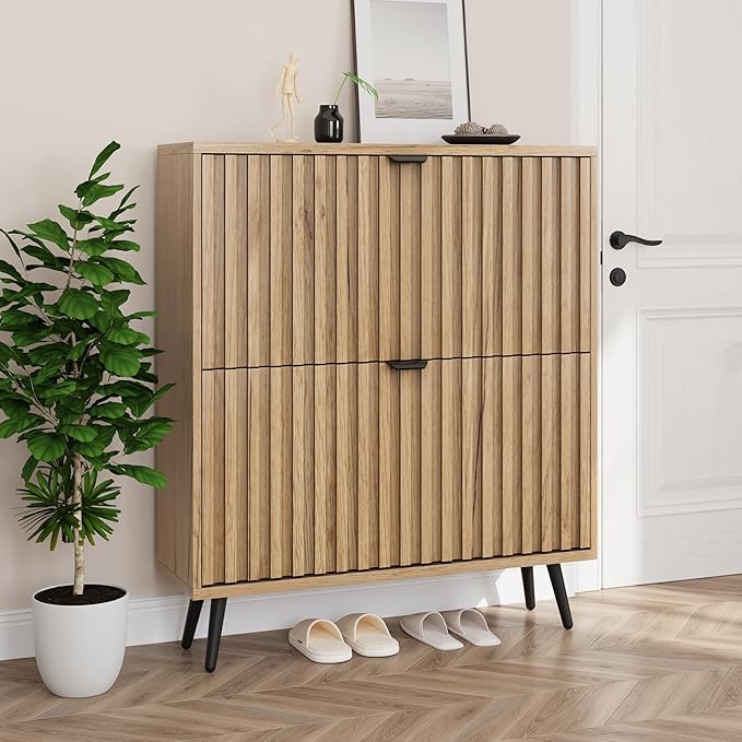 Smuxee Shoe Cabinet with 2 Flip Drawers, 31.5" Natural Hidden Shoe Storage by Smuxee