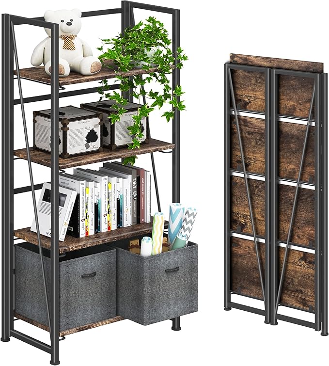 4NM No-Assembly Folding Bookshelf Storage Shelves 4 Tiers Vintage Bookcase by 4NM