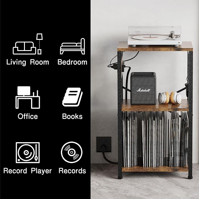 End Table with LED Light, Record Player Stand with Charging Station, Vinyl - Image 7