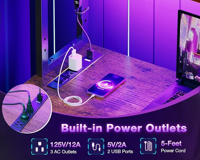 ODK 53 Inch L Shaped Desk with LED Lighting, Reversible Gaming Desk with Power - Image 5