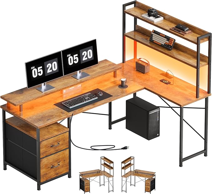 L Shaped Desk with Shelves, Reversible Computer Desk with LED Lights and by Maihail