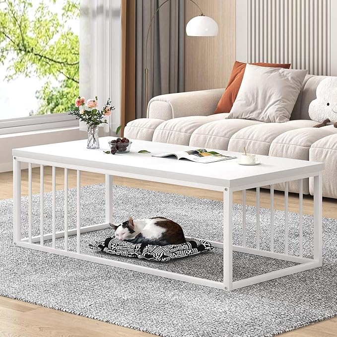 FOLUBAN White Coffee Table, Modern Rustic Wood and Metal Center Table, - Image 3