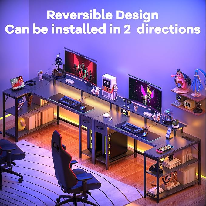 47 inch Gaming Desk with USB Charging Ports and LED Light, Reversible L Shaped - Image 3