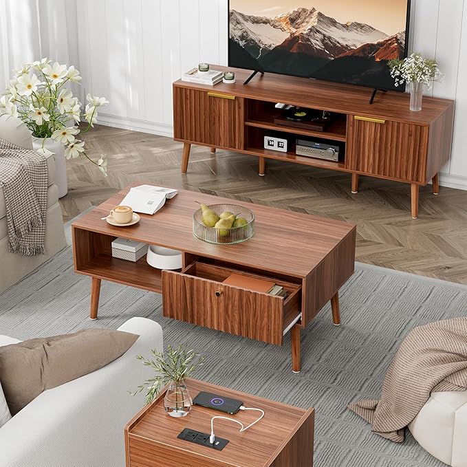 Coffee Table with Storage, Mid Century Dining Table with Fluted Drawer and - Image 4