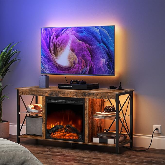 HOOBRO Fireplace TV Stand with Charging Station and LED Lights, TV Stand with by HOOBRO