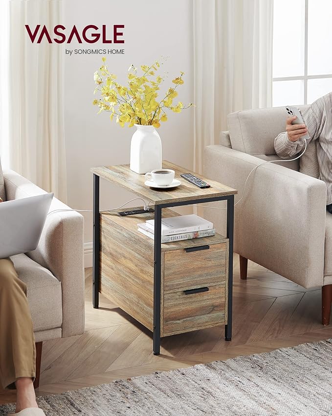 VASAGLE Side Table with Charging Station, Narrow End Table with 2 Drawers - Image 2
