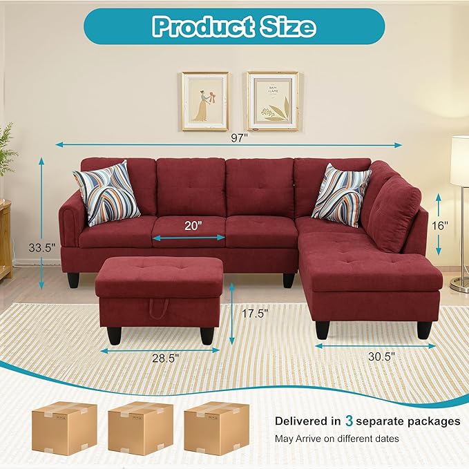 Couches for Living Room Modern L Shaped Couch Comfy Fluffy Fabric 3 Pieces - Image 2