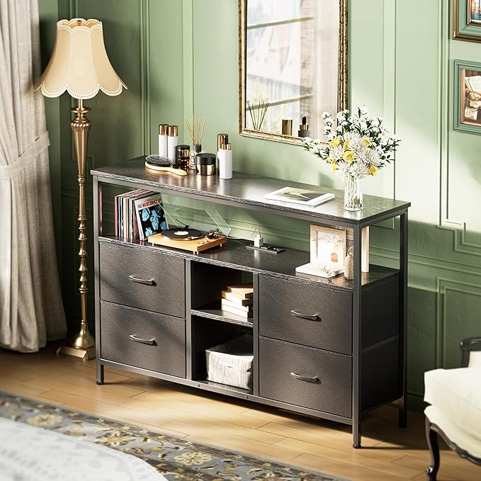 Huuger TV Stand Dresser with Power Outlets and LED Lights, 4 Drawers - Image 4