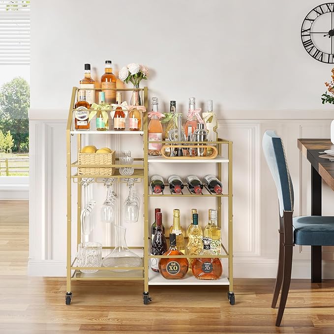 VINAEMO Gold Bar Cart With Wine Glass Holder, Stand - Image 7