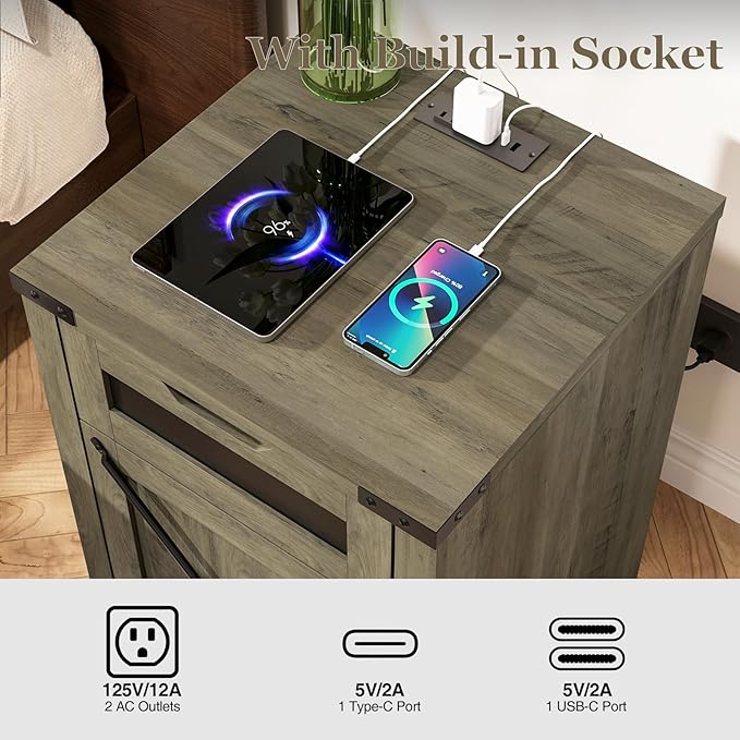 Farmhouse End Table with Charging Station, 26.4" Tall Rustic Nightstand with - Image 4