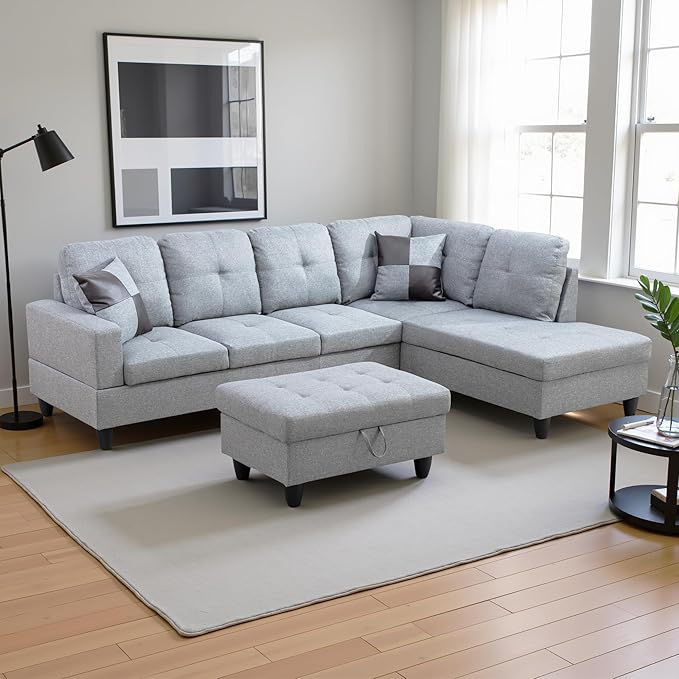 Couches for Living Room Modern L Shaped Couch Comfy Linen Fabric 3 Pieces by LynginsCreativeLife
