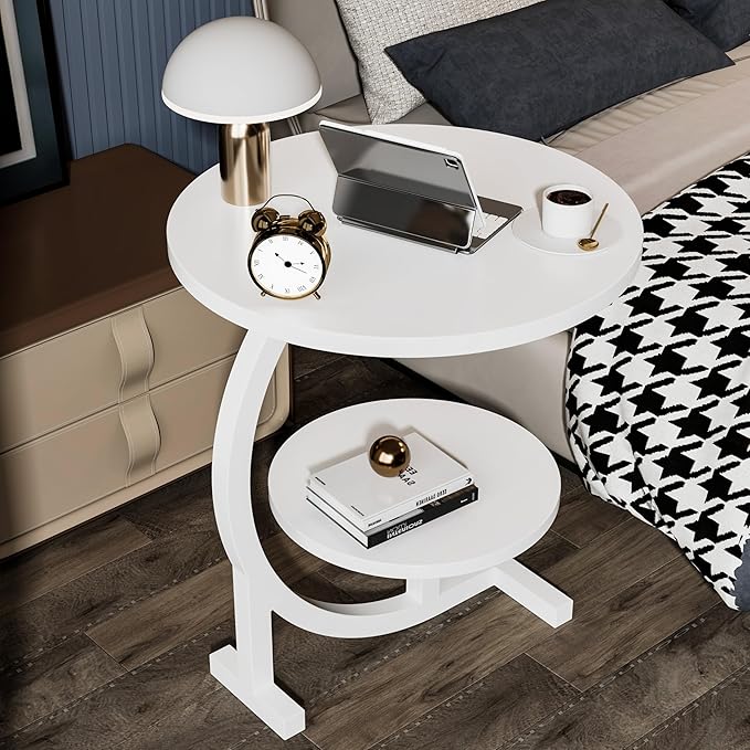 C-Shaped End Table, 2 Tiers Round Side Table, Sofa Small Side Table - Image 5