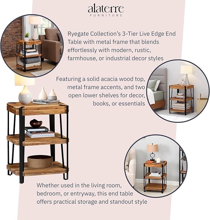 Ryegate 3-Tier End Table with Storage “ Live Edge Solid Acacia Wood Side Table - Image 4