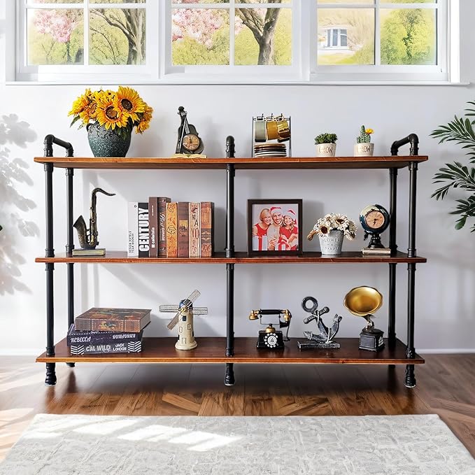 3 Tier Long Industrial Bookshelf, 3 Realwood Industrial Pipe Bookshelf by ANYNICE