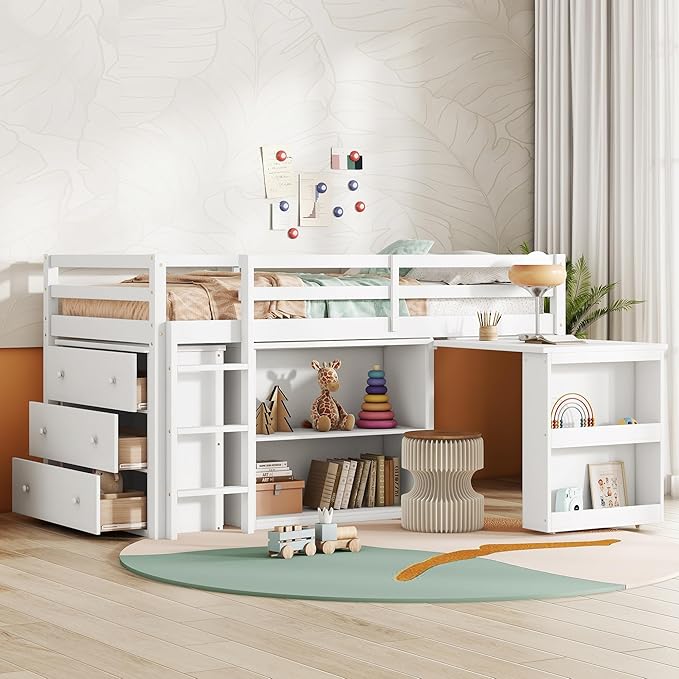 KEIKI Twin Loft Bed with Pull-Out Desk, Drawers & Open Shelves, Wooden Bed by Unknown