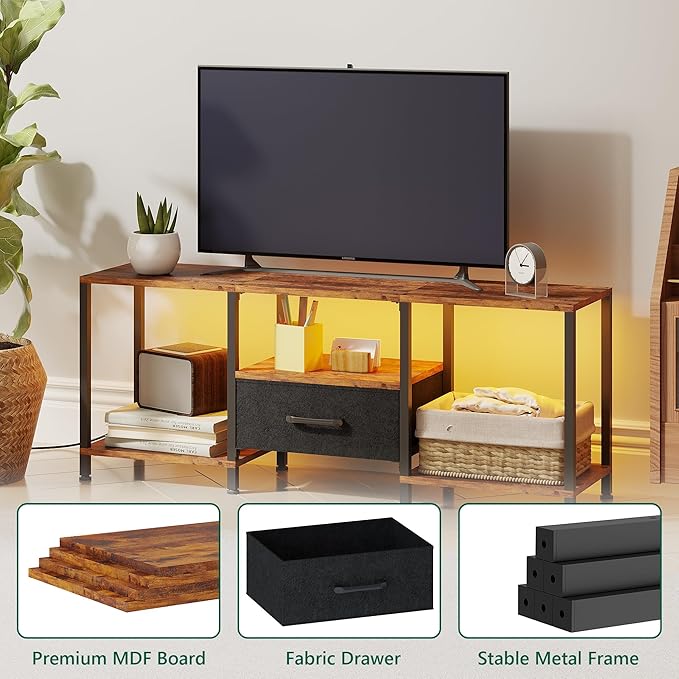TV Stand with LED Lights, Entertainment Center with Open Shelves and Fabric - Image 7