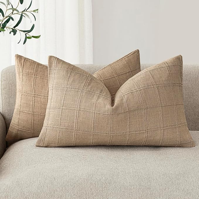 Foindtower Set of 2 Decorative Linen Check Throw Pillow Covers Neutral by Foindtower