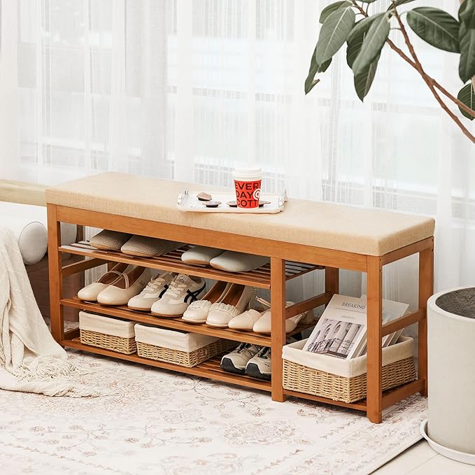 47.2 in Shoe Rack Bench with Cushion, 3 Tier Bamboo Entryway Bench with Storage - Image 3