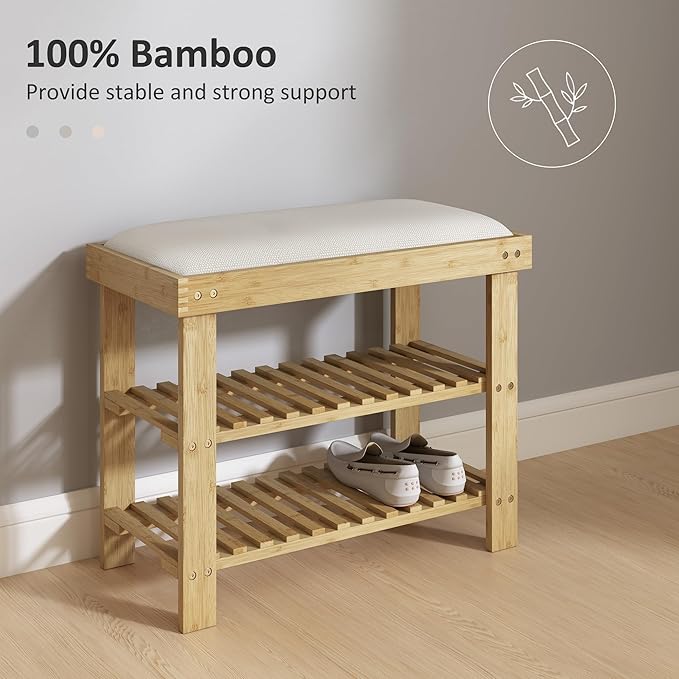 HOMCOM Bamboo Shoe Bench, 3-Tier Entryway Bench - Image 6